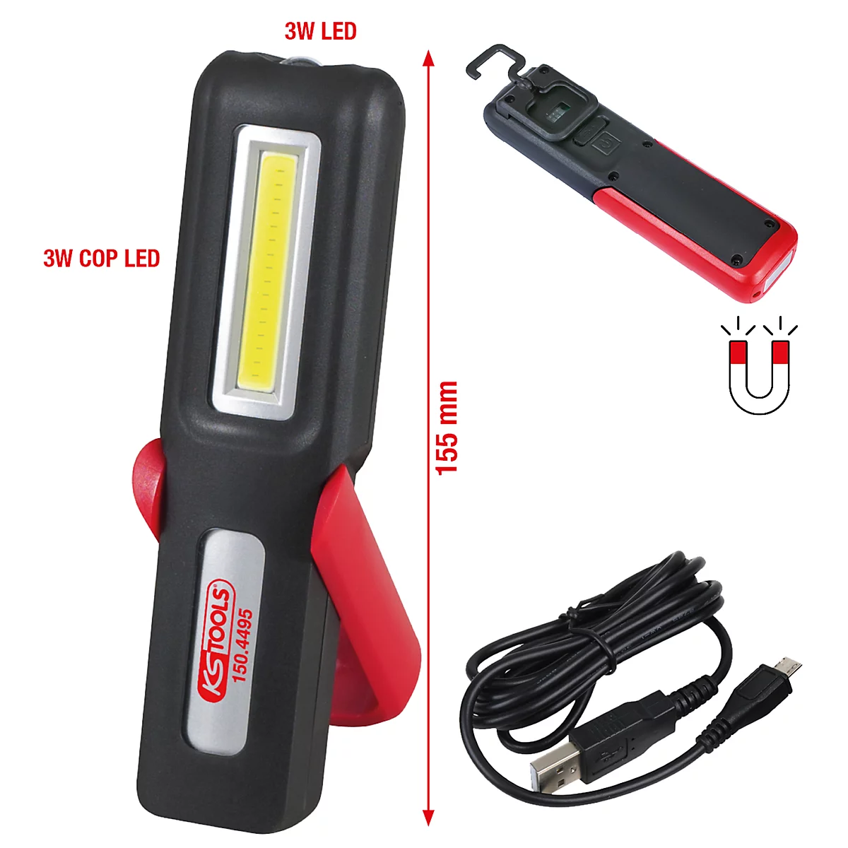 Zwarte en rode LED werklamp met geel licht, beugel, oplaadkabel. Opschrift: KS TOOLS 150.4495.